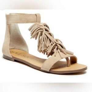NWOT Sole Society Koa Fringe Leather T-Strap Ankle Strap Flat Sandal Caramel 8.5